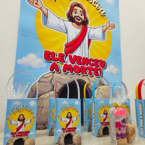 CARTAZ E SACOLINHA DE PÁSCOA - ELE VENCEU A MORTE